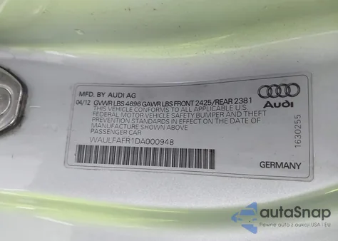 2013 Audi A5 2.0T Premium z USA, uszkodzony, nr VIN WAULFAFR1DA000948